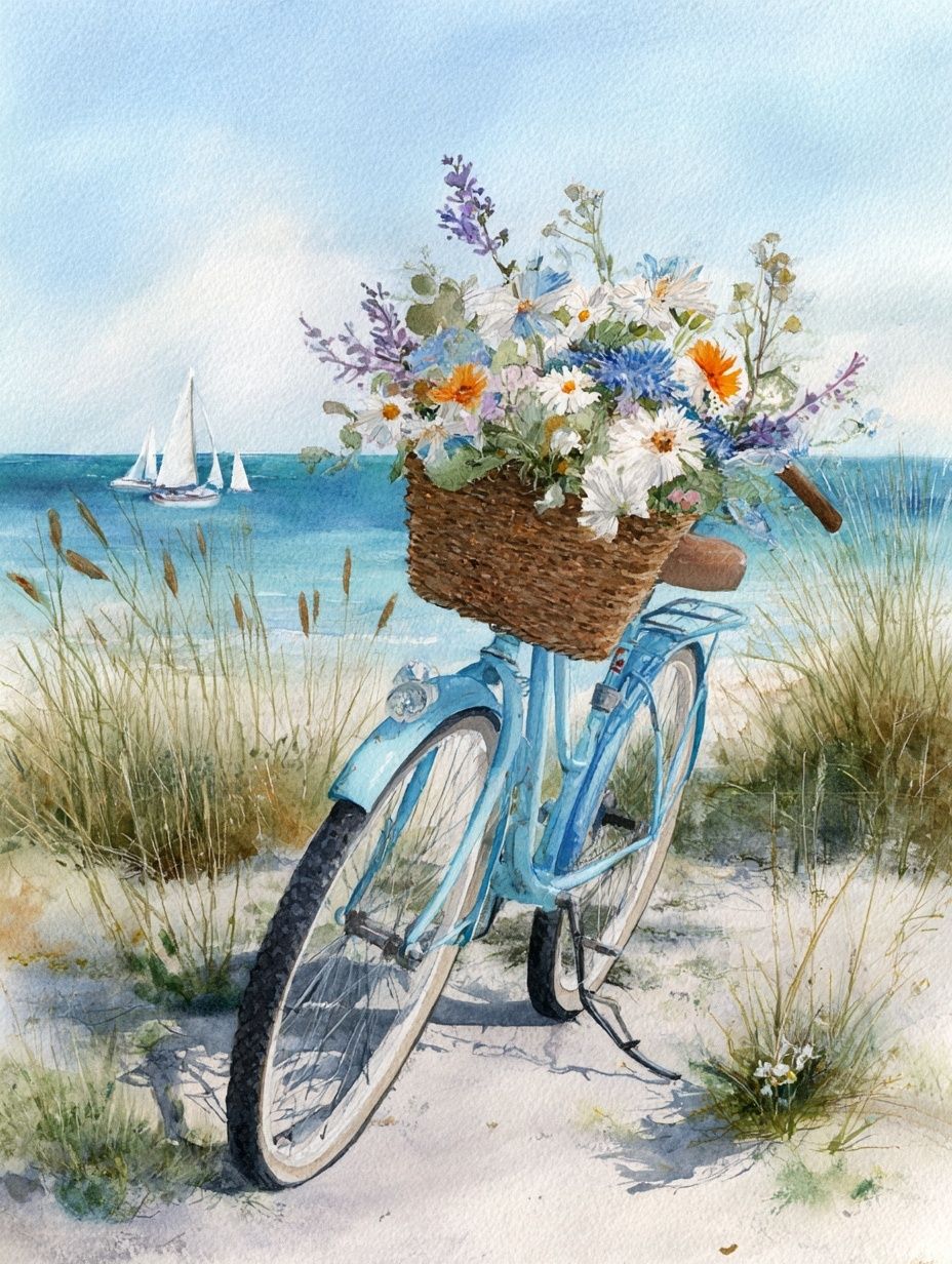 Beach Bicycle Watercolor Poster. poster detail