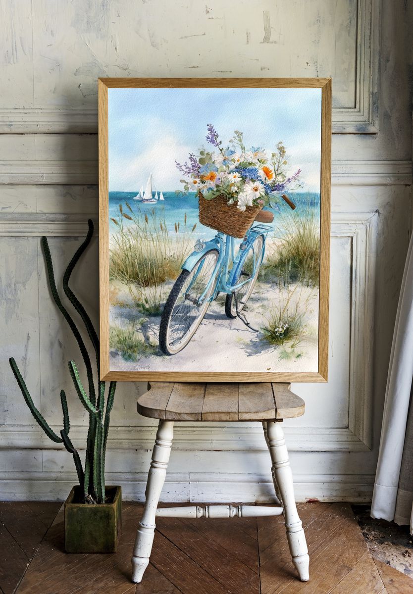 Beach Bicycle Watercolor Poster. — room view 1