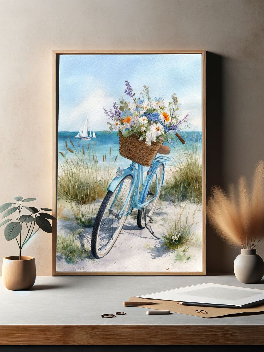 Beach Bicycle Watercolor Poster. — room view 2