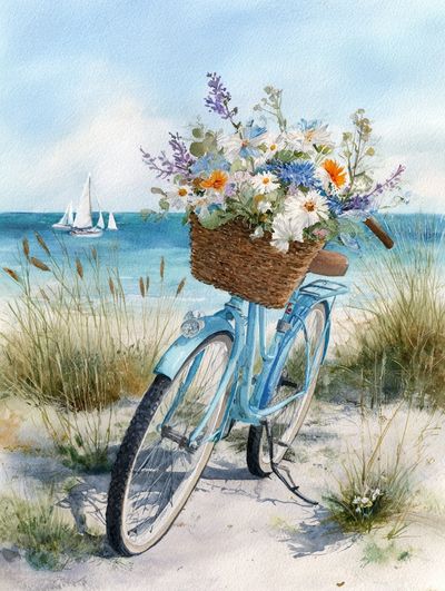 Beach Bicycle Watercolor Poster.