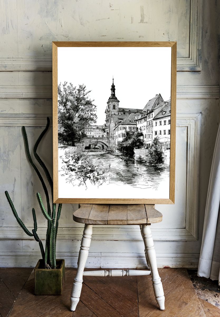 European Canal Town Ink Print. room preview
