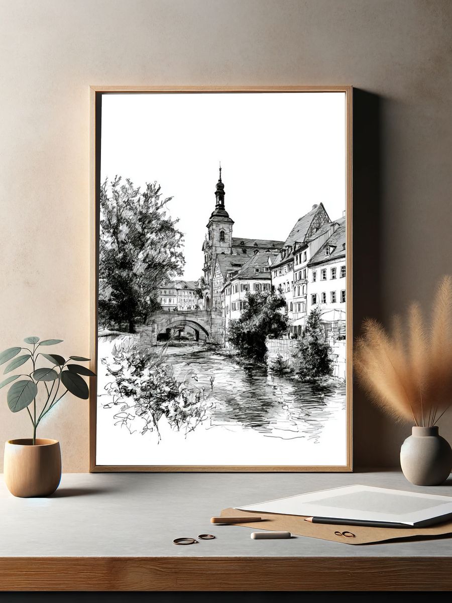 European Canal Town Ink Print. — room view 2