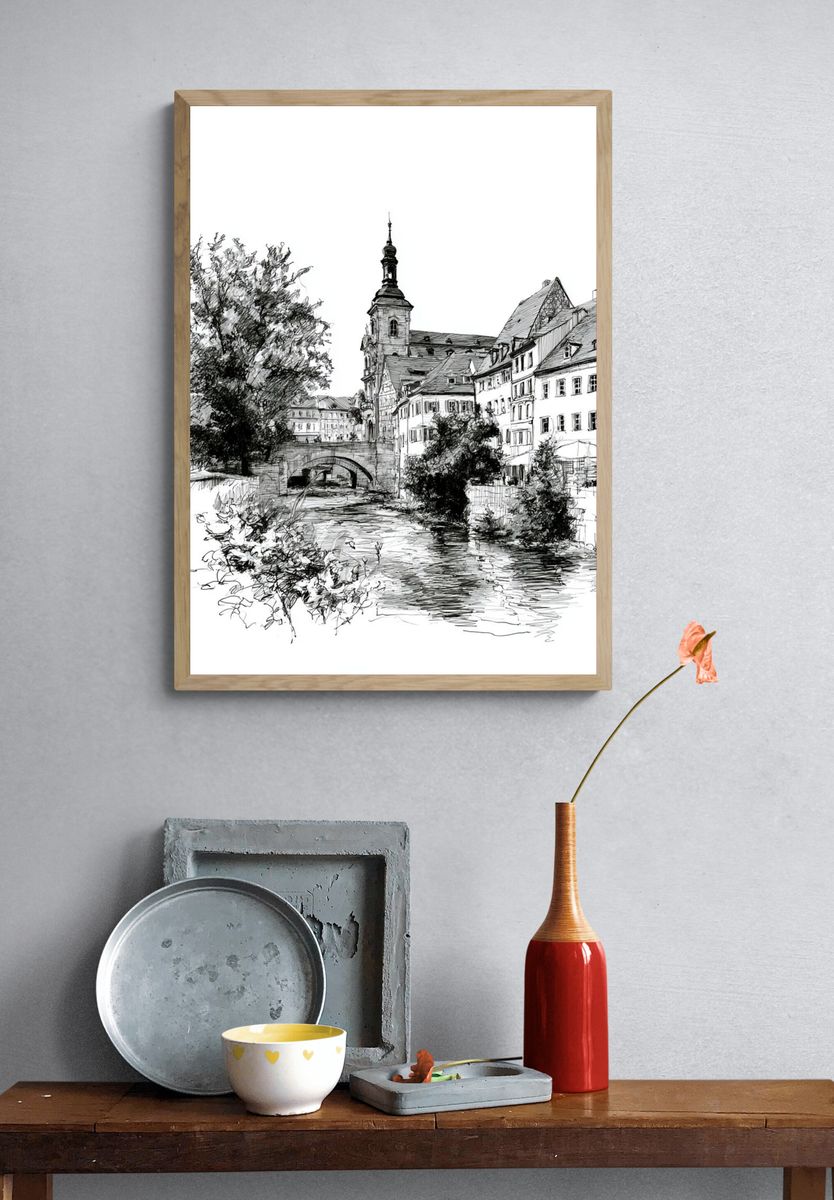 European Canal Town Ink Print. — room view 3