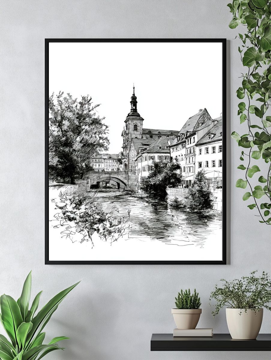 European Canal Town Ink Print. — room view 4