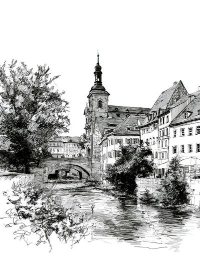 European Canal Town Ink Print. poster