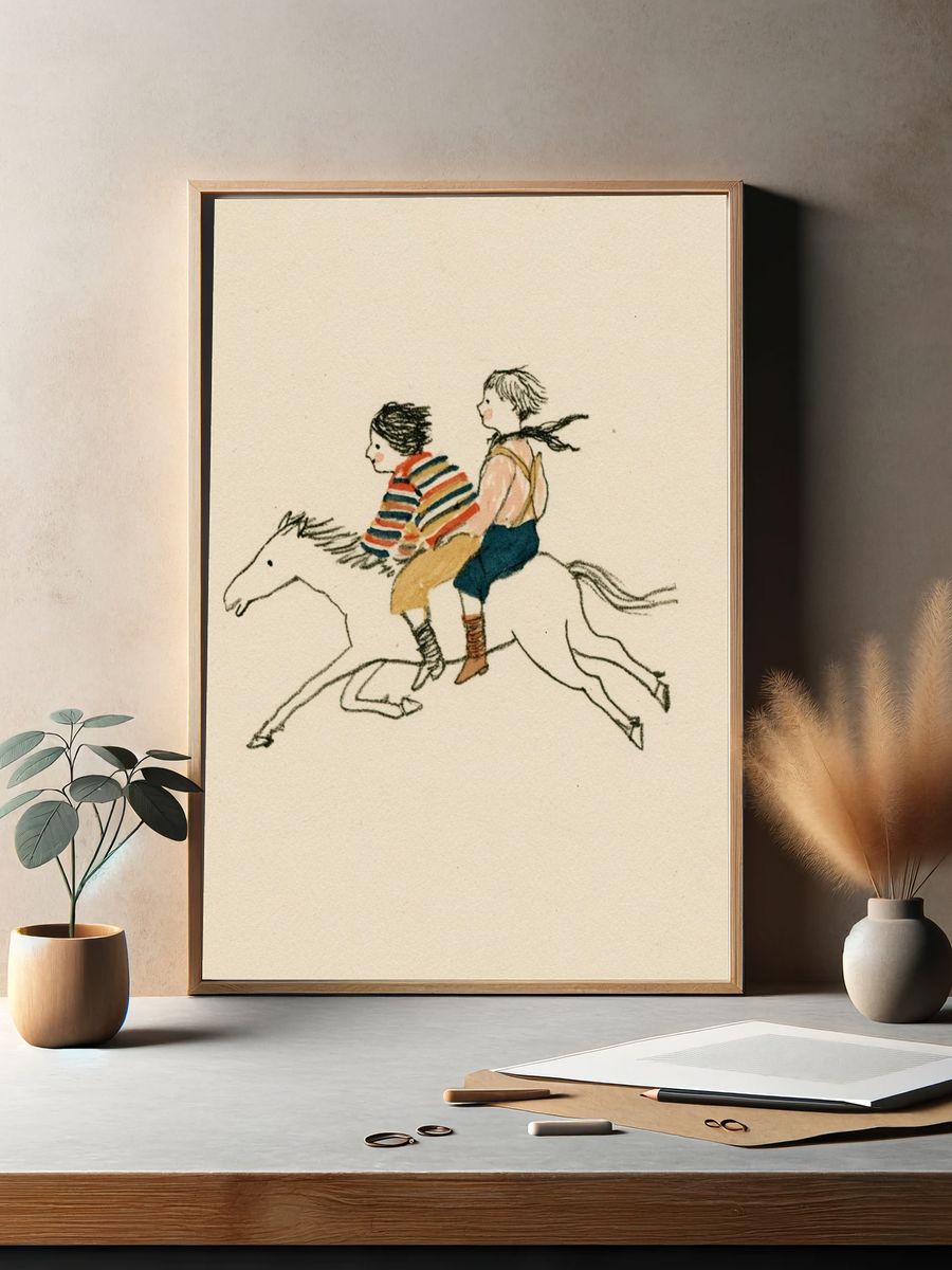 Children Riding Horse Illustration Poster. — room view 2