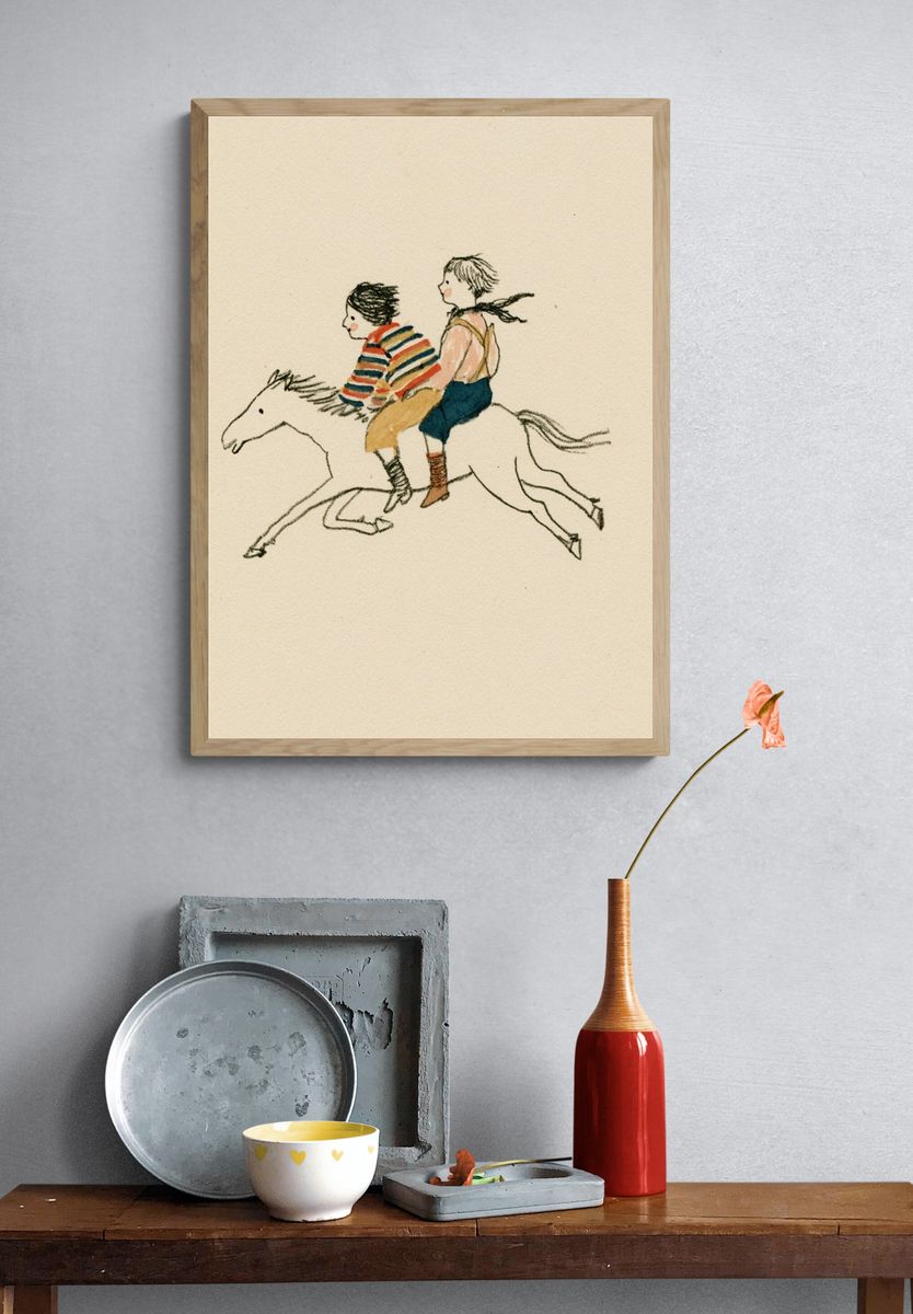 Children Riding Horse Illustration Poster. — room view 3