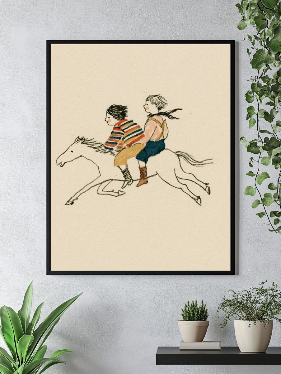 Children Riding Horse Illustration Poster. — room view 4