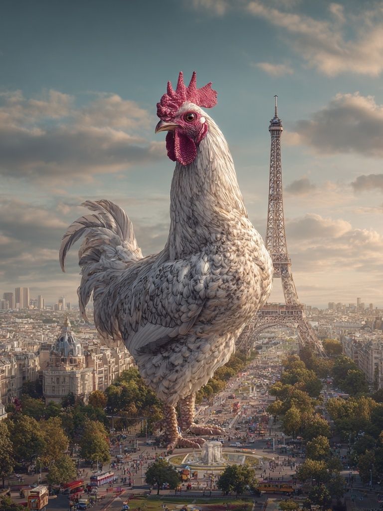 Giant Rooster Over Paris Surreal Print. poster detail