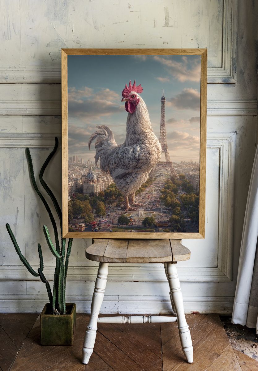 Giant Rooster Over Paris Surreal Print. — room view 1