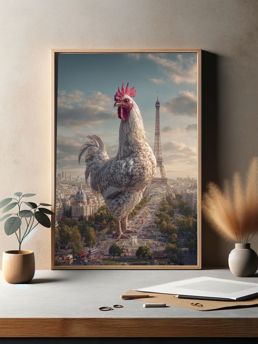 Giant Rooster Over Paris Surreal Print. — room view 2