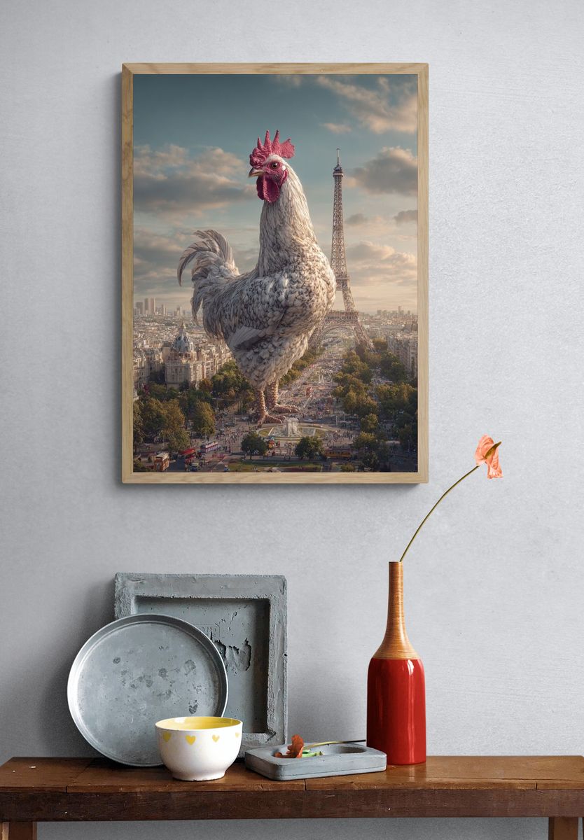 Giant Rooster Over Paris Surreal Print. — room view 3
