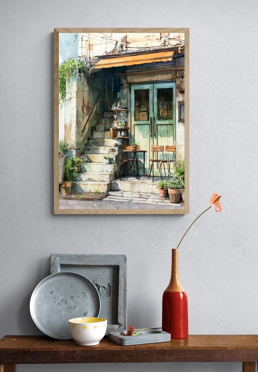 Café Facade Watercolor Print. — room view 3