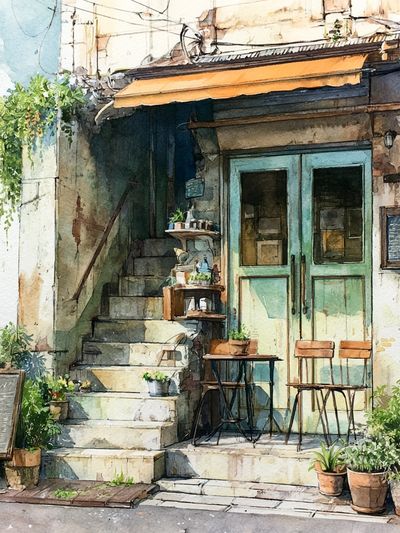Café Facade Watercolor Print. poster