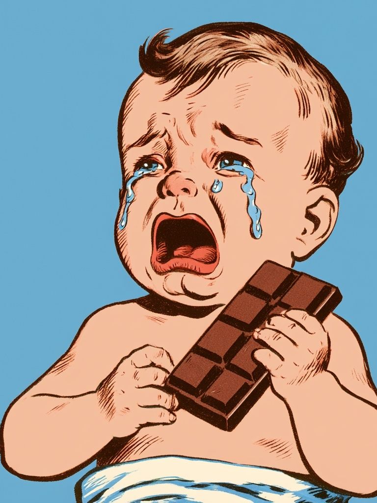 Crying Baby with Chocolate Poster. poster detail