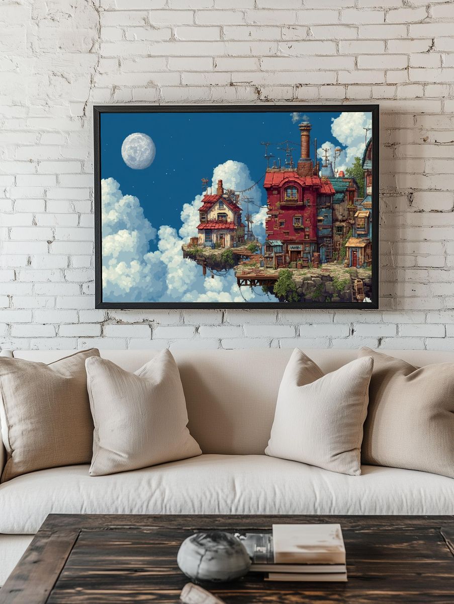 Floating Sky Village Illustration Poster. — room view 1