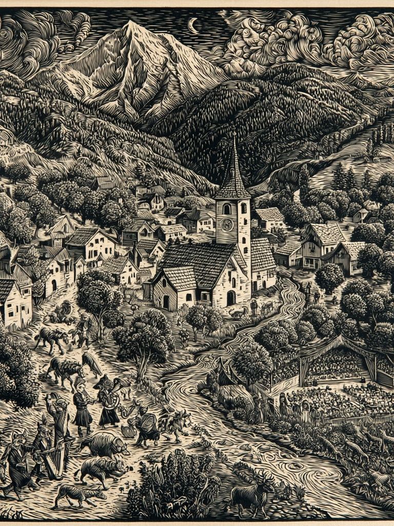 Alpine Village Woodcut Poster. poster — illustration art