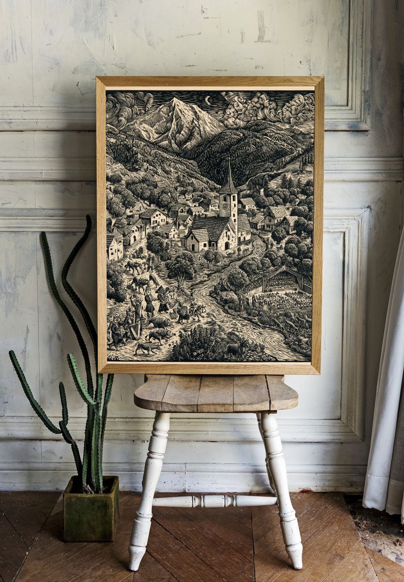 Alpine Village Woodcut Poster. room preview