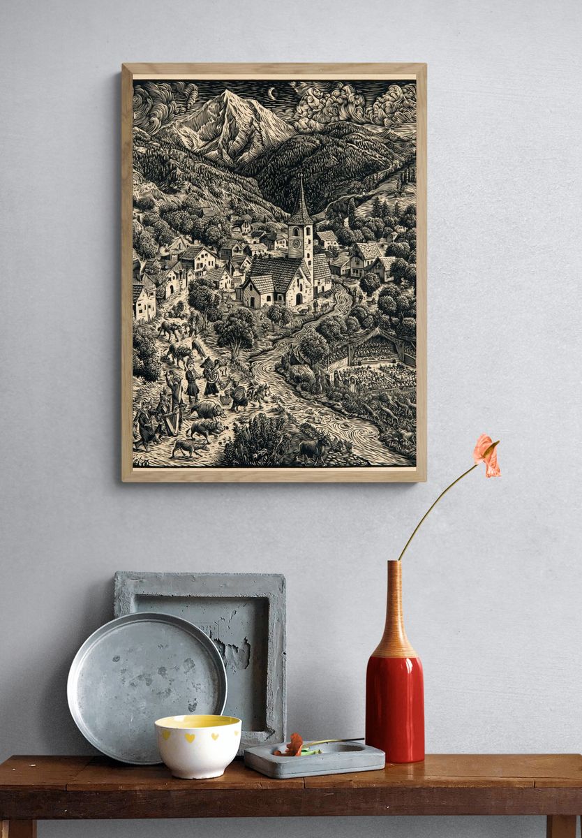 Alpine Village Woodcut Poster. — room view 3
