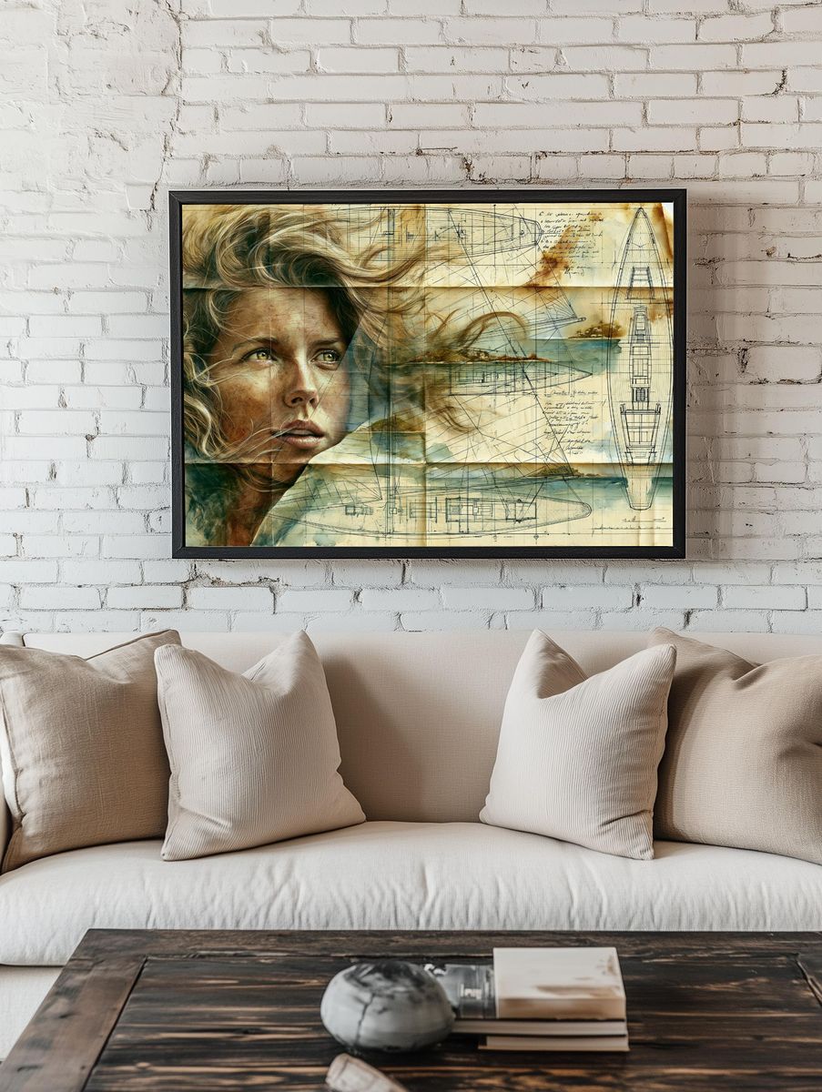 Sailing Woman Blueprint Illustration Poster. room preview