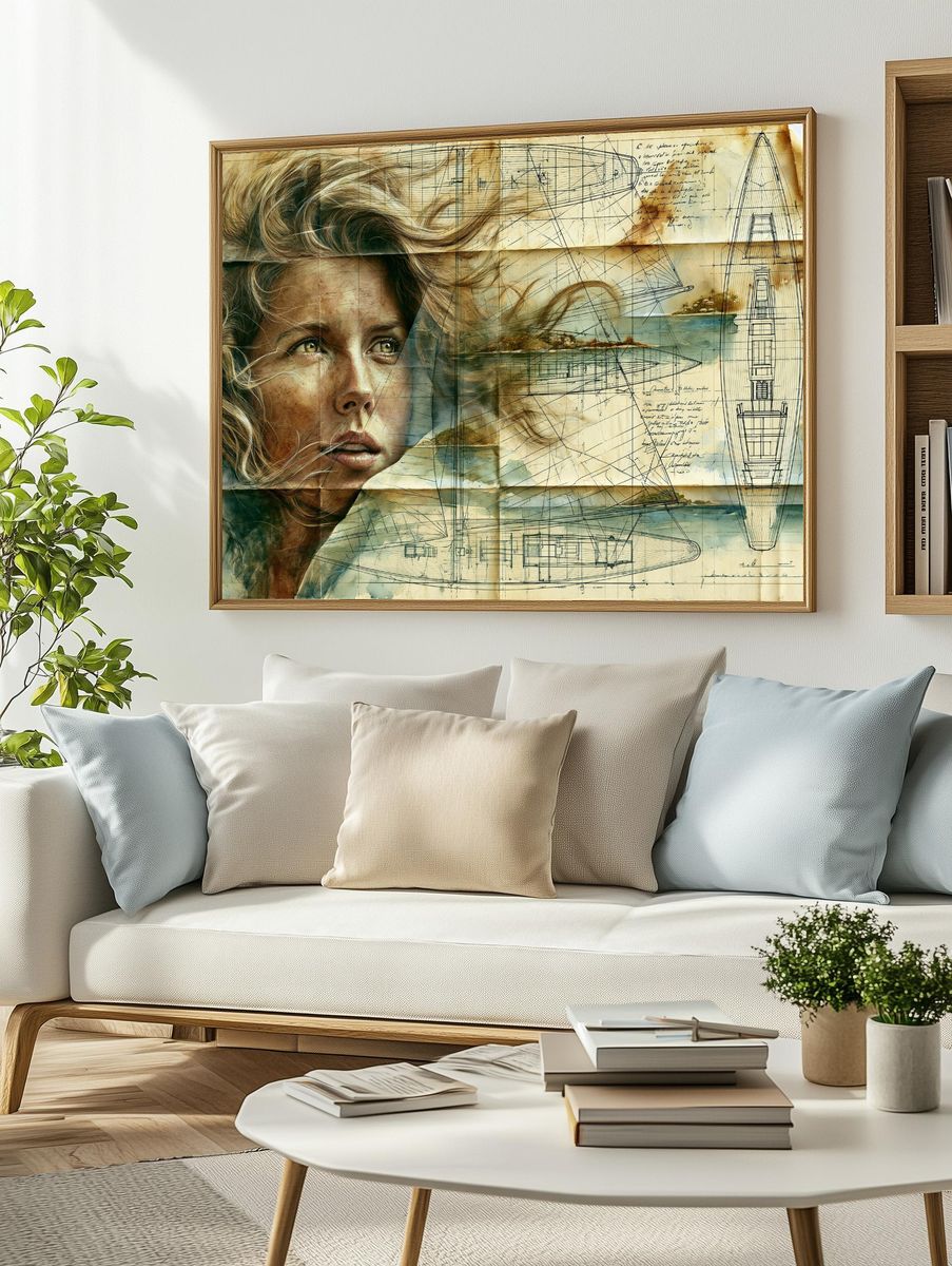 Sailing Woman Blueprint Illustration Poster. — room view 2