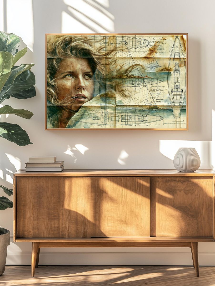 Sailing Woman Blueprint Illustration Poster. — room view 3