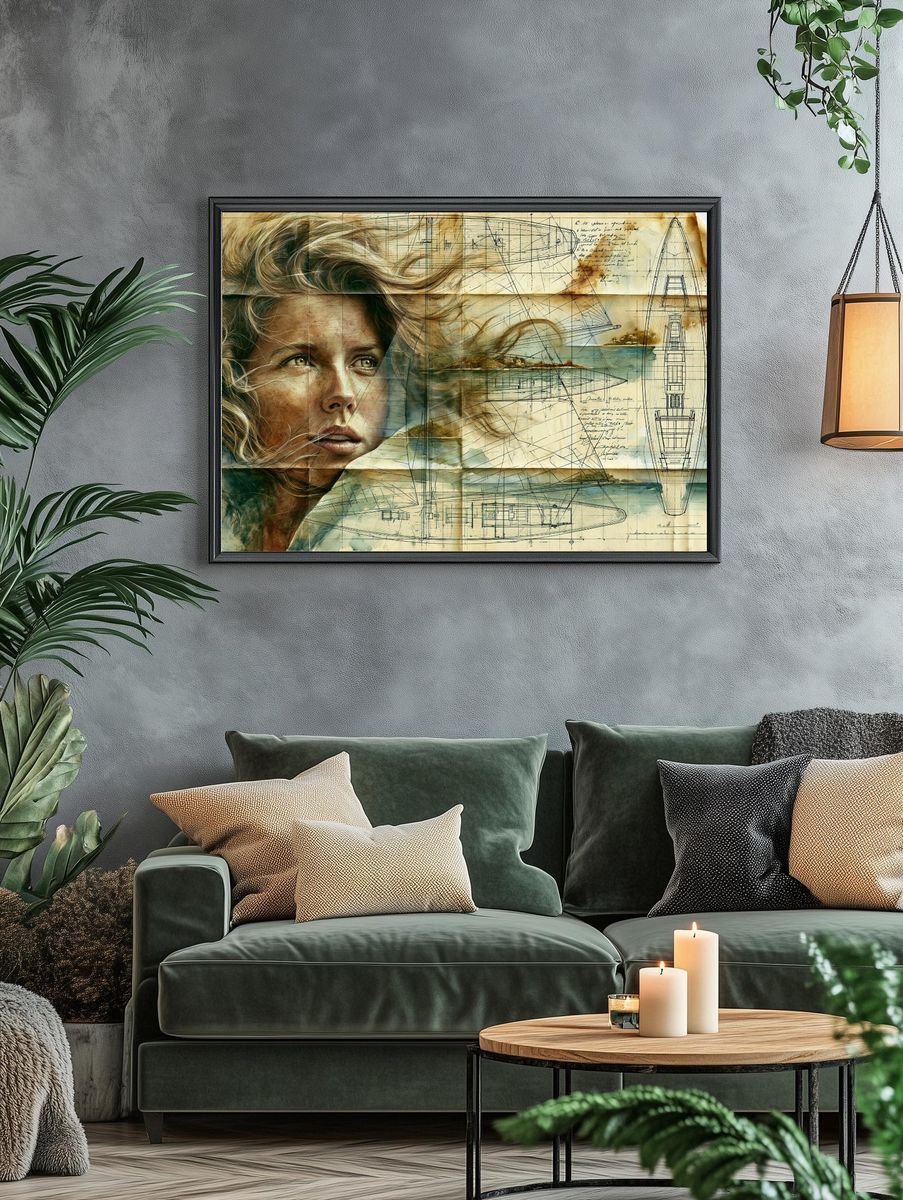 Sailing Woman Blueprint Illustration Poster. — room view 4