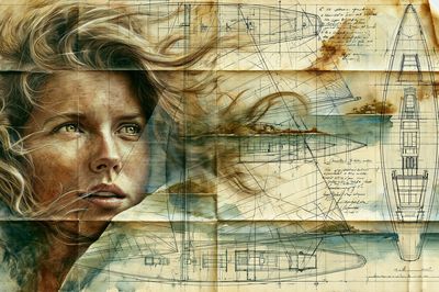 Sailing Woman Blueprint Illustration Poster.