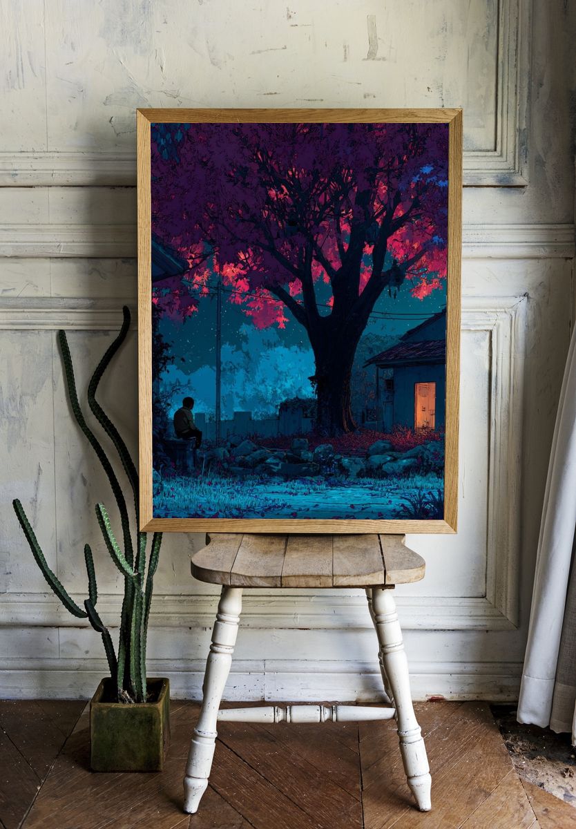Neon Night Garden Illustration Poster. — room view 1