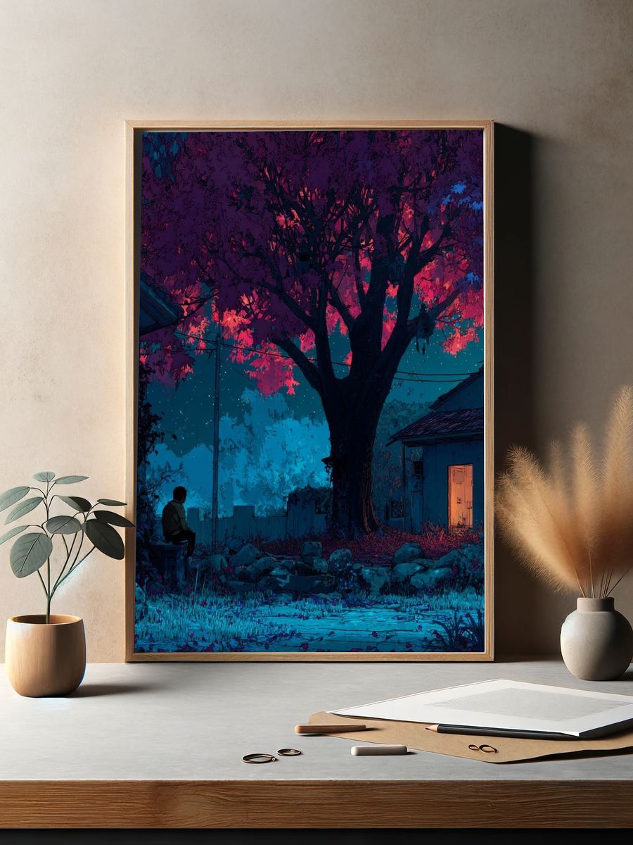 Neon Night Garden Illustration Poster. — room view 2