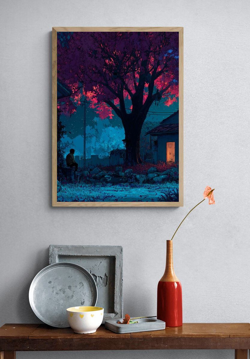 Neon Night Garden Illustration Poster. — room view 3