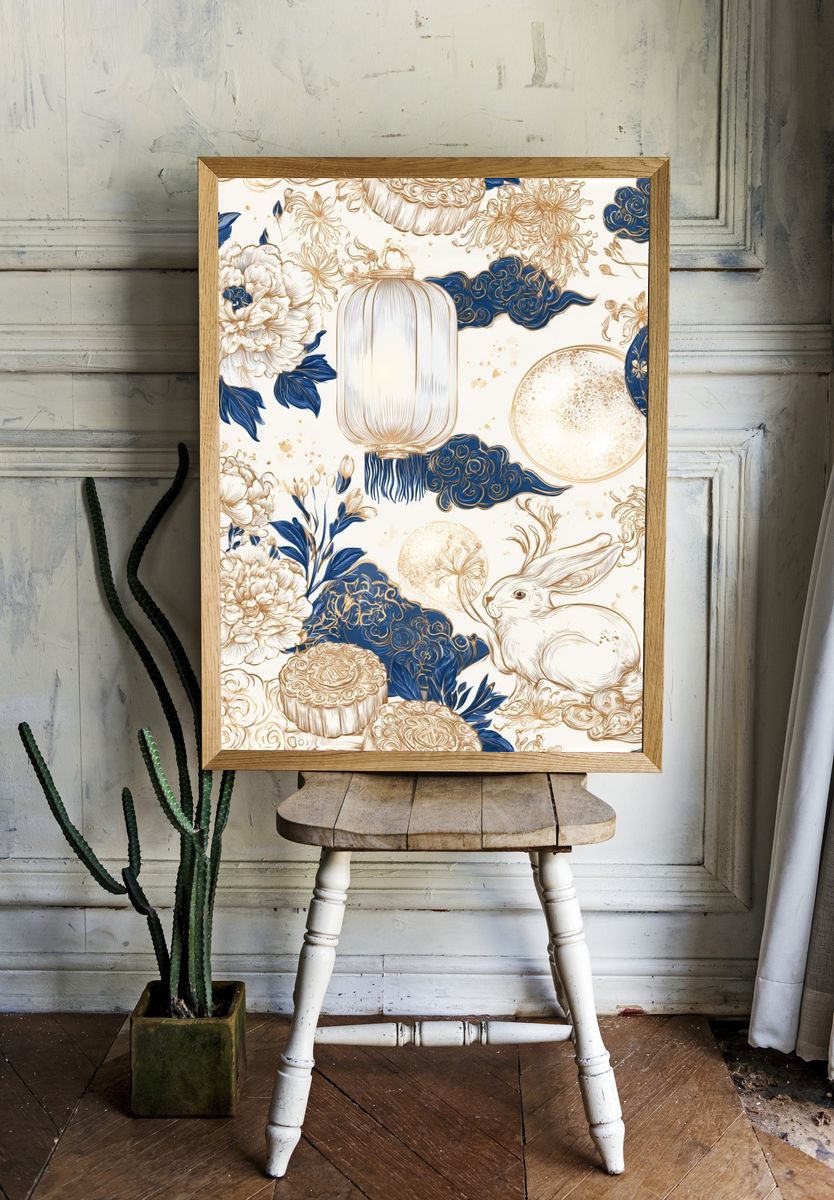Blue Floral Rabbit Illustration Poster. room preview