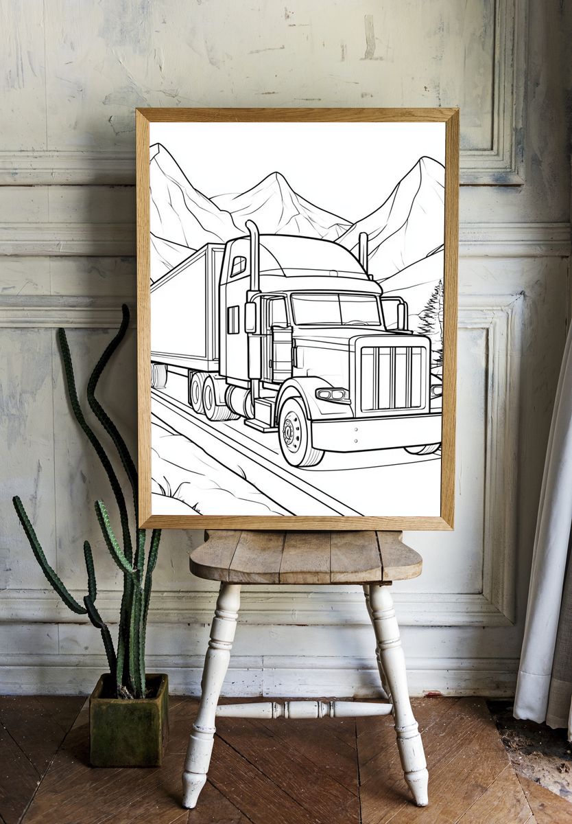 Semi Truck Mountain Line Art Poster. room preview