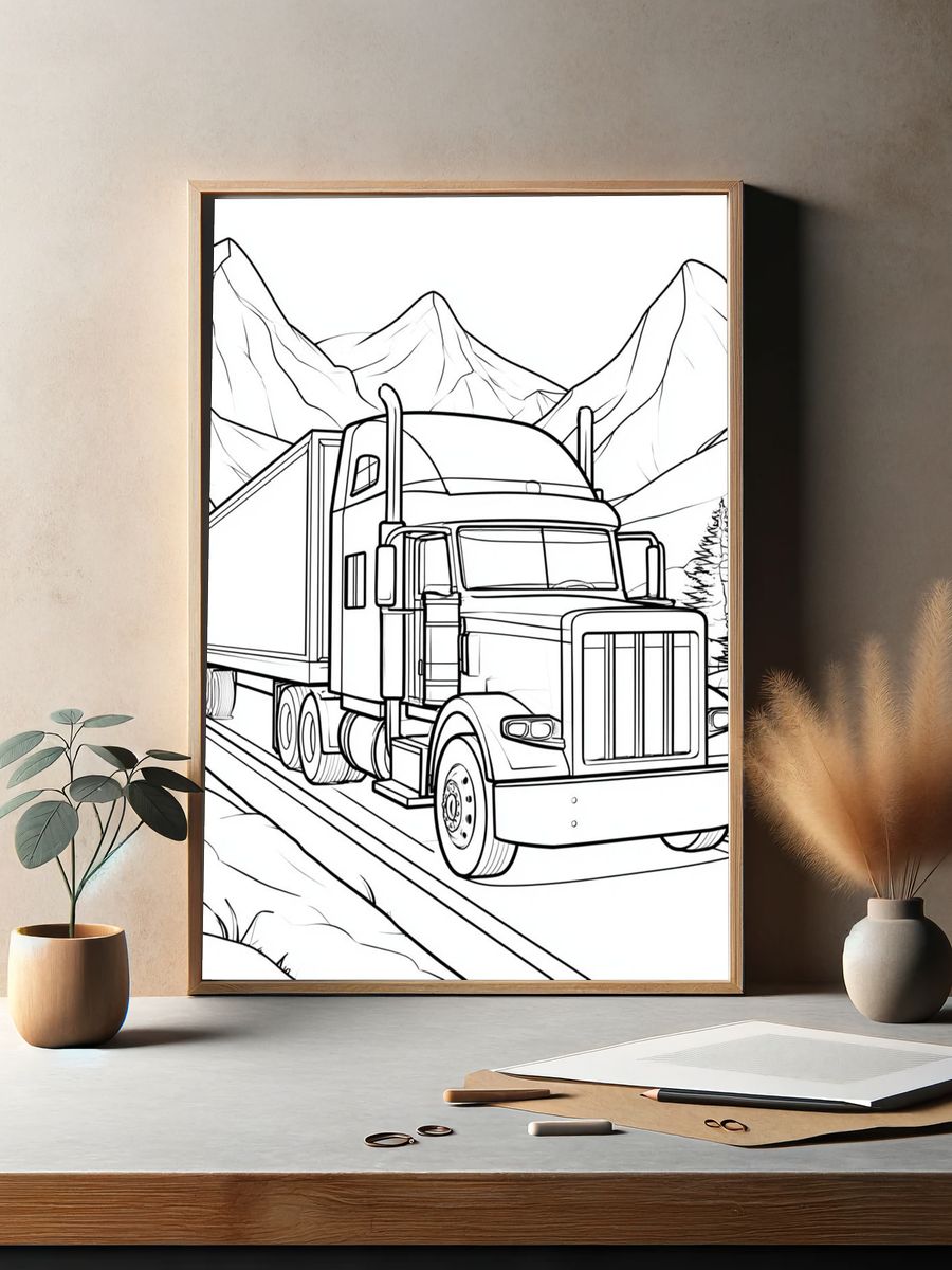 Semi Truck Mountain Line Art Poster. — room view 2