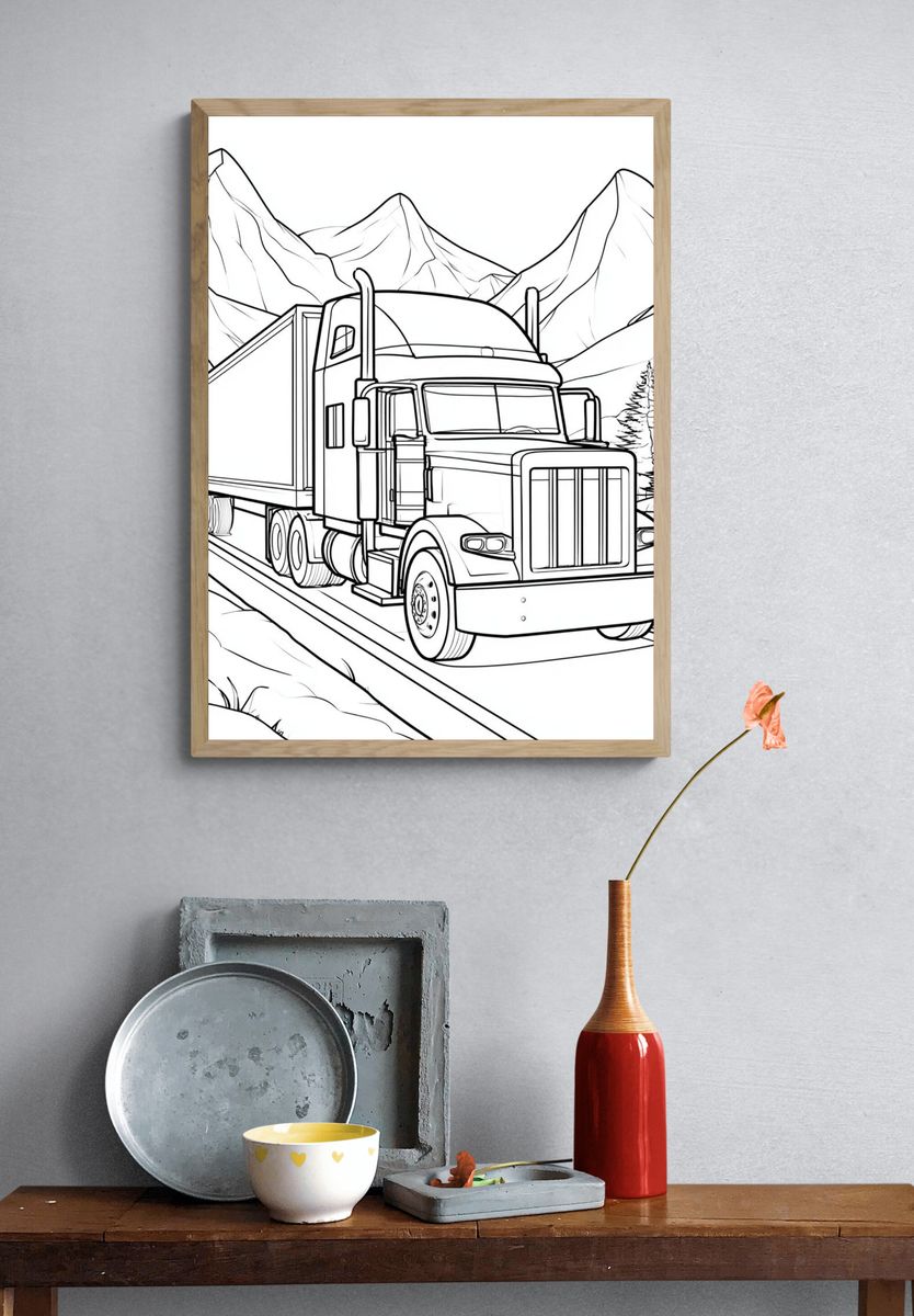 Semi Truck Mountain Line Art Poster. — room view 3