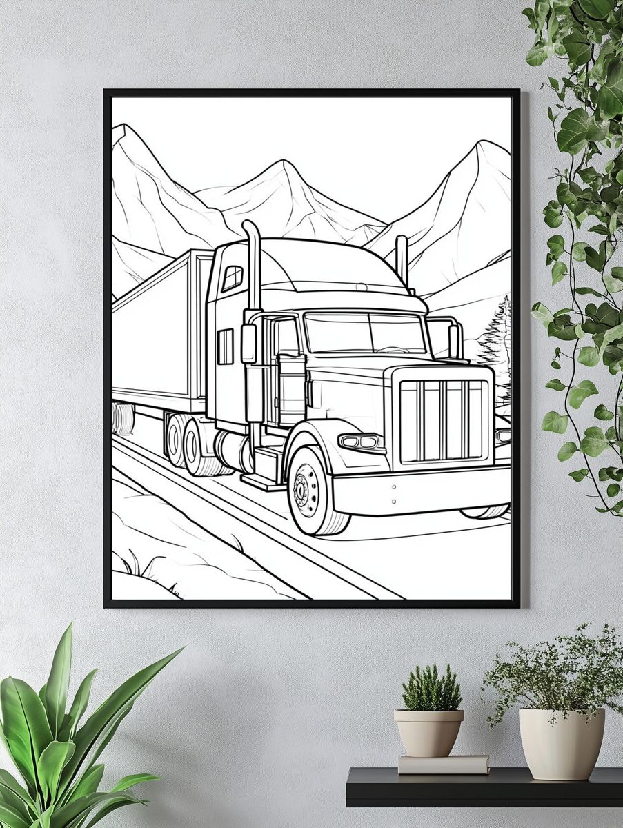 Semi Truck Mountain Line Art Poster. — room view 4