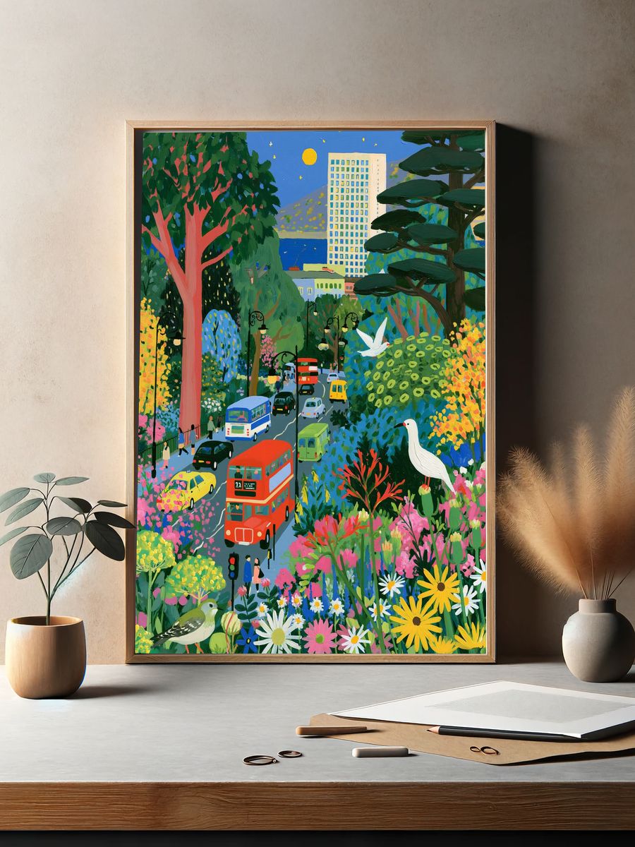 Colorful City Garden Illustration Poster. — room view 2