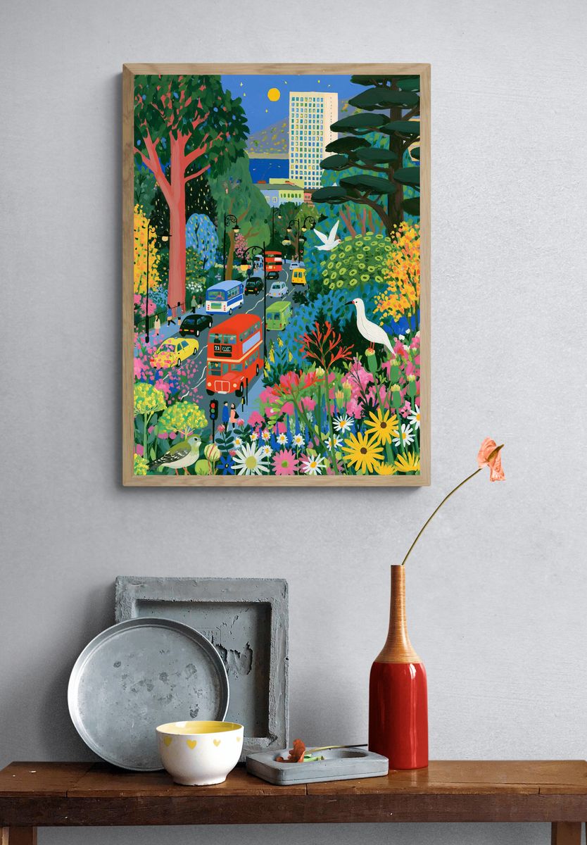 Colorful City Garden Illustration Poster. — room view 3