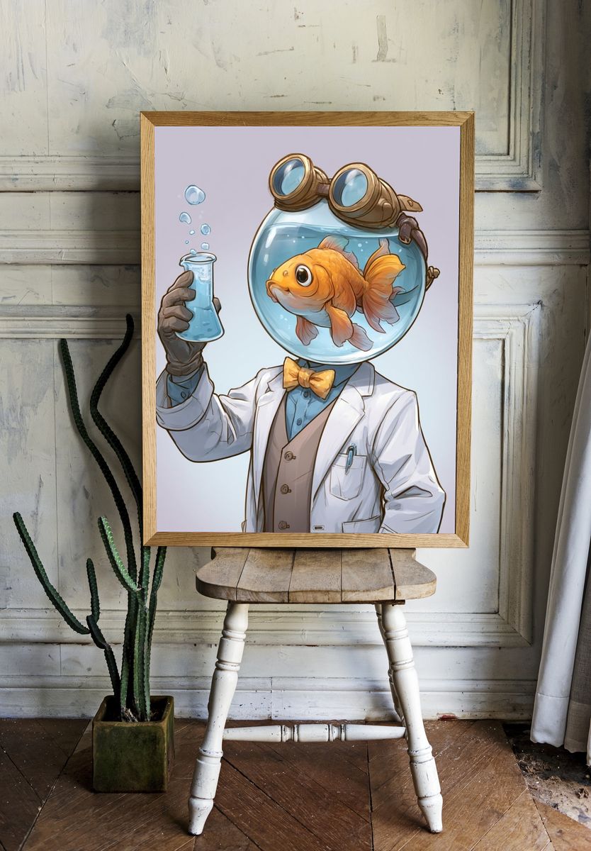 Goldfish Scientist Illustration Poster. — room view 1