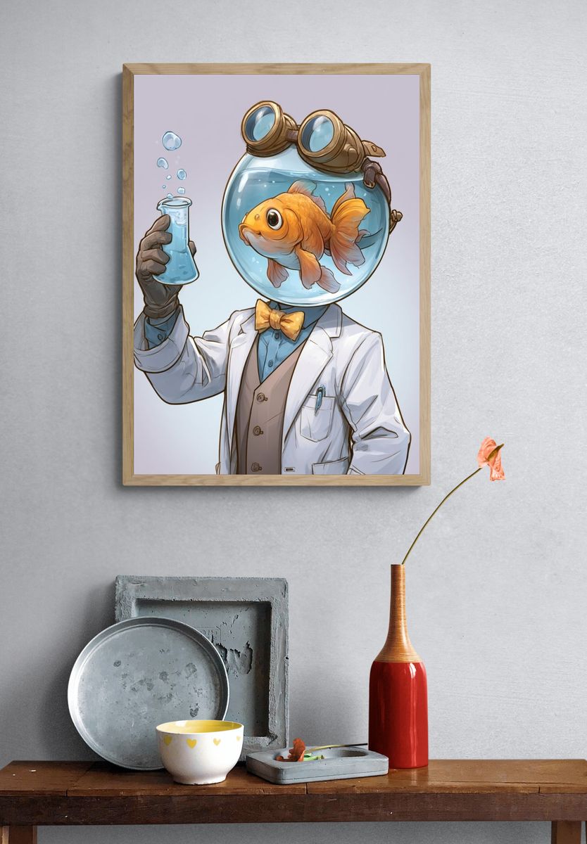 Goldfish Scientist Illustration Poster. — room view 3