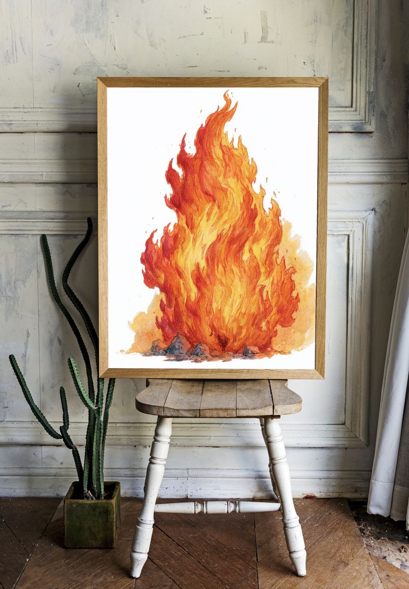 Blazing Fire Watercolor Poster. room preview