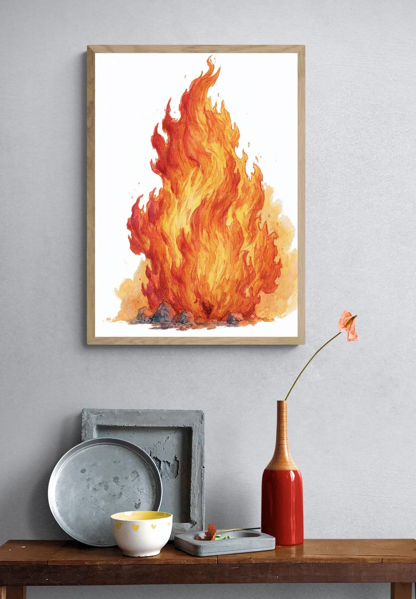 Blazing Fire Watercolor Poster. — room view 3