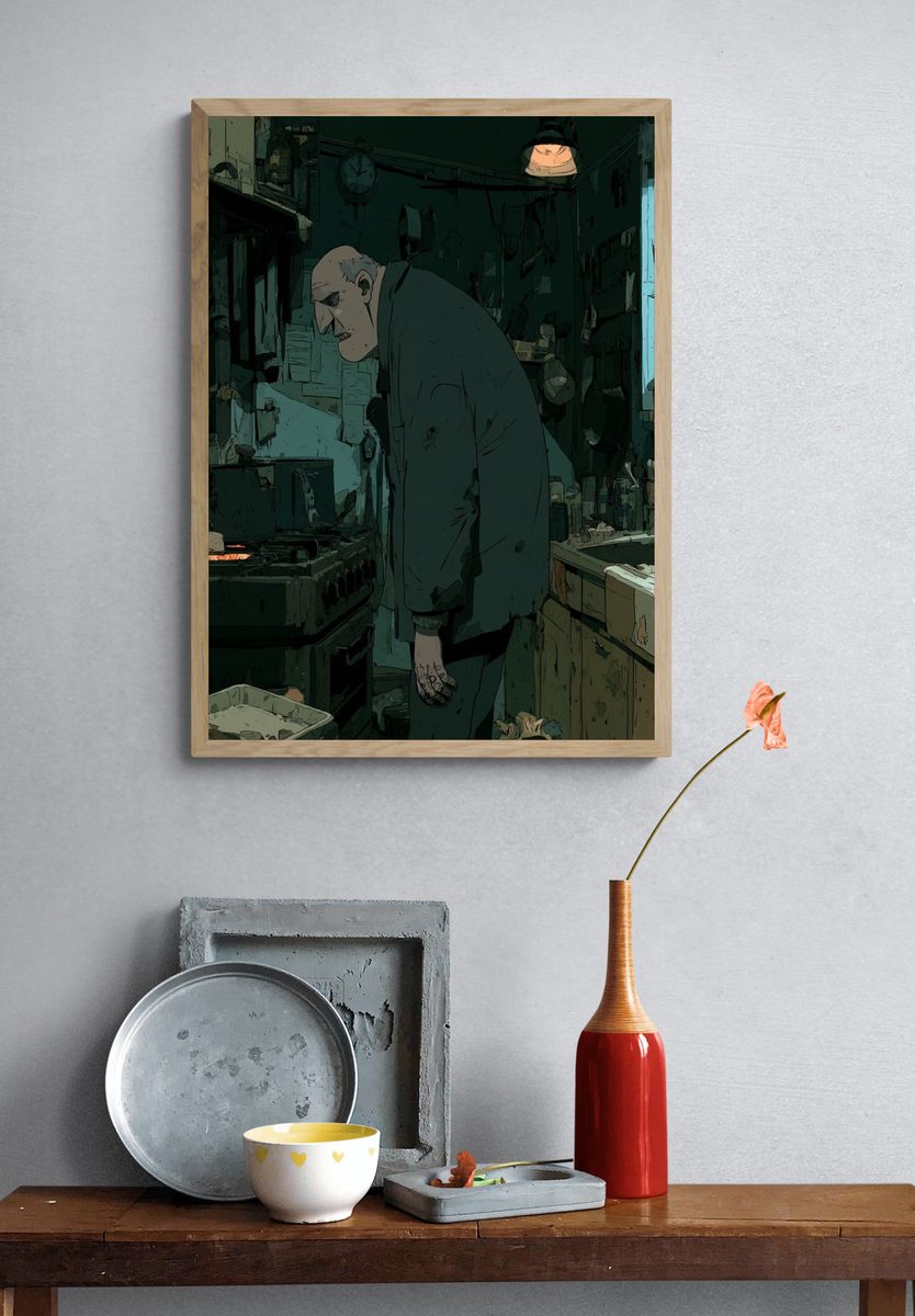 Gloomy Kitchen Figure Illustration Poster. — room view 3