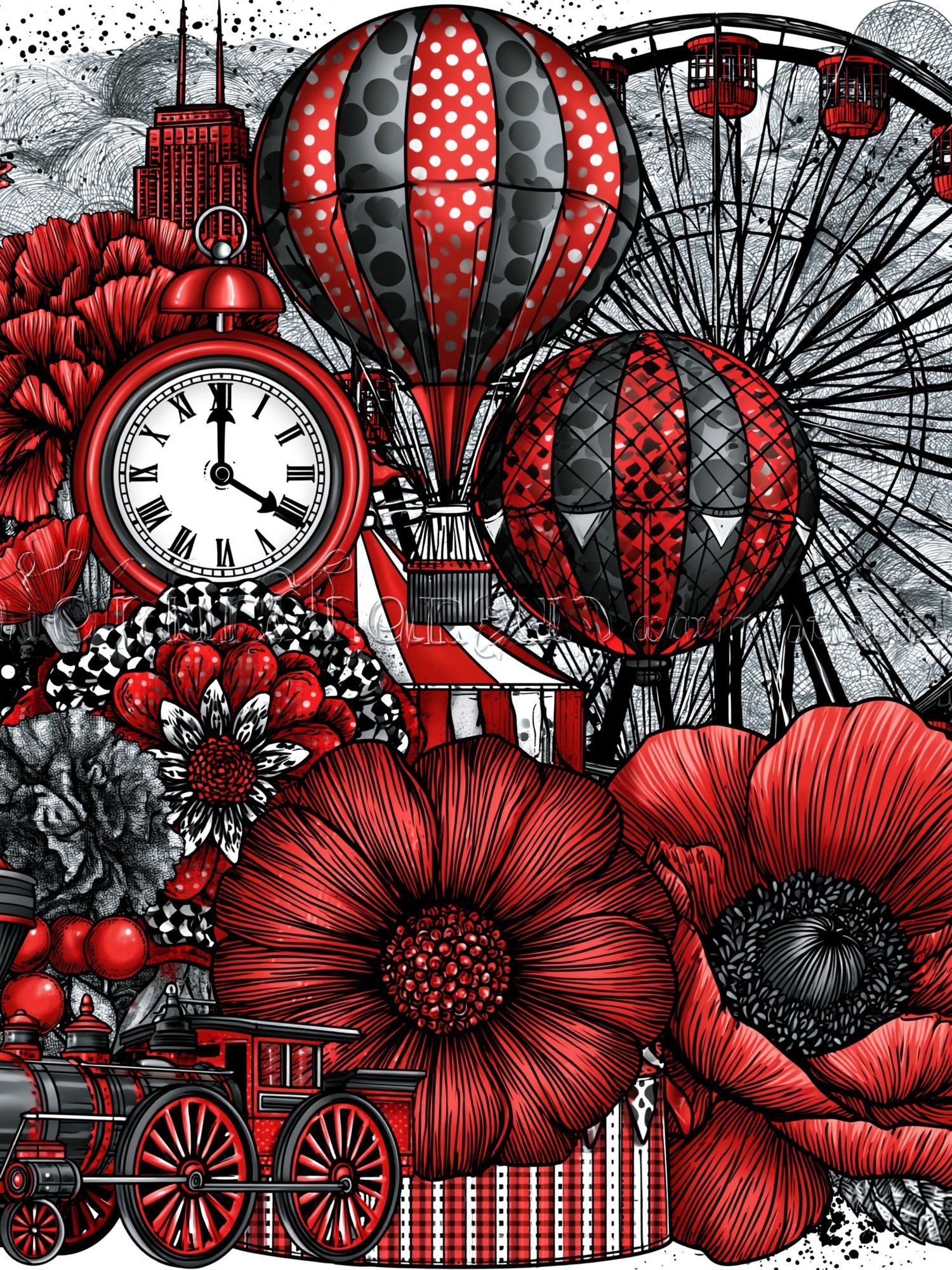 Red Carnival Collage Print. poster — illustration art