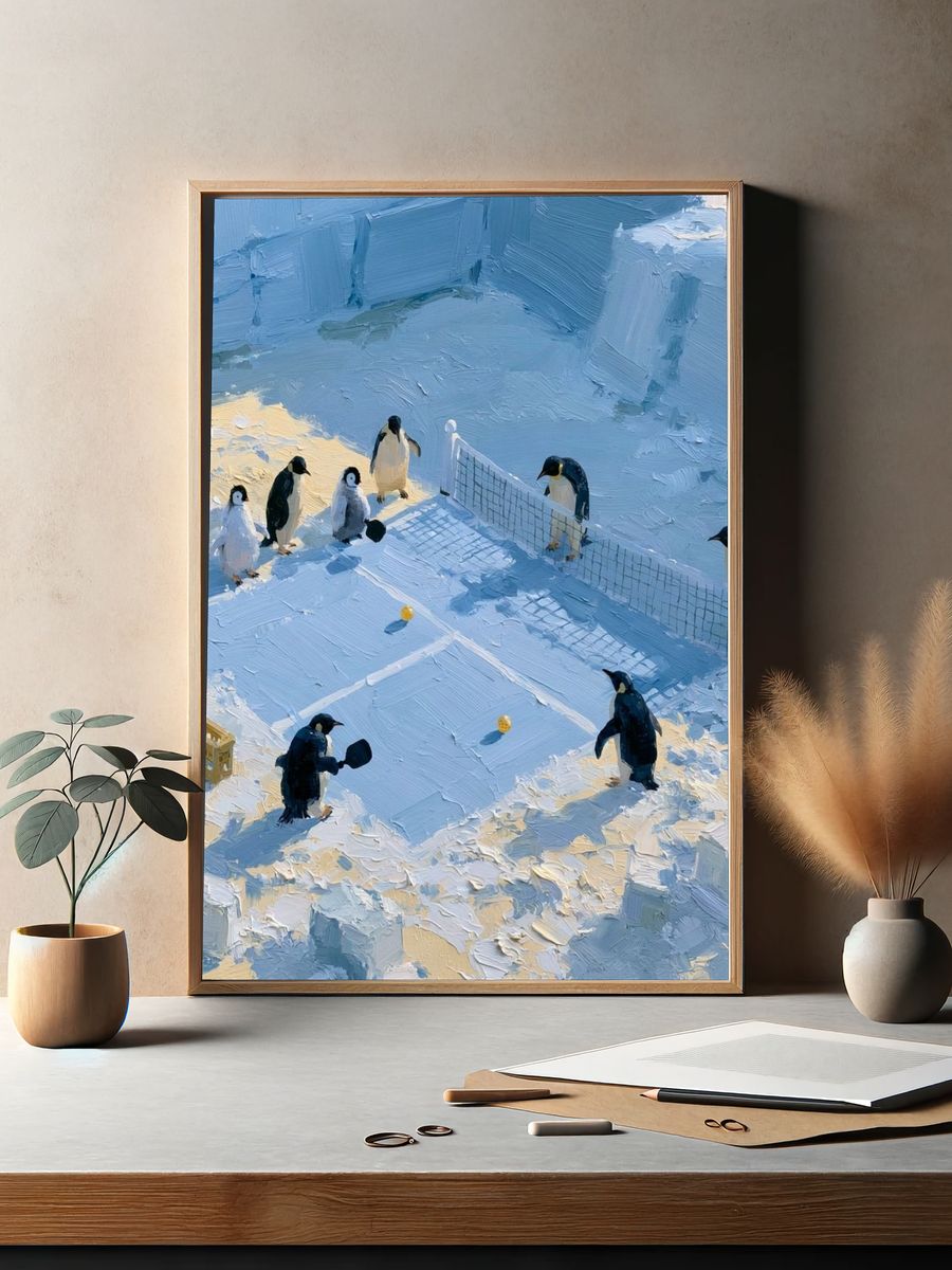 Penguin Table Tennis Illustration Poster. — room view 2