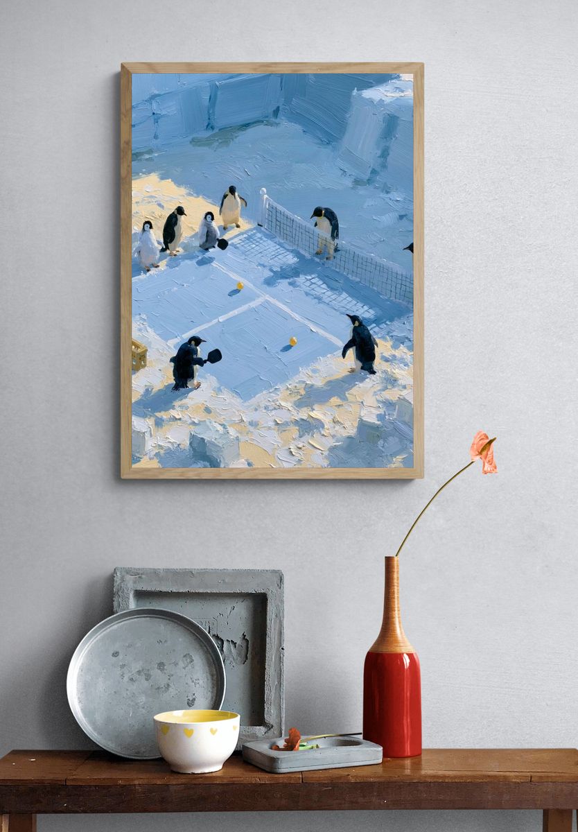 Penguin Table Tennis Illustration Poster. — room view 3