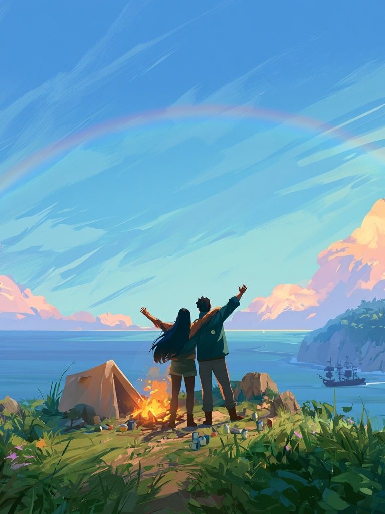 Coastal Campfire Sunset Illustration Poster. poster detail