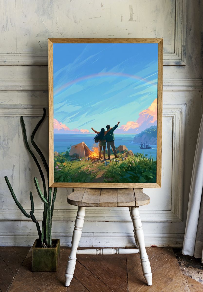 Coastal Campfire Sunset Illustration Poster. — room view 1