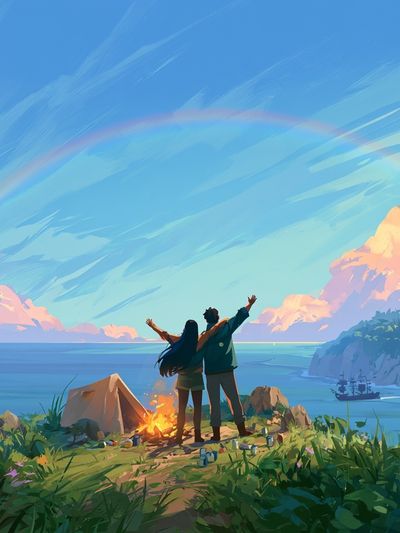 Coastal Campfire Sunset Illustration Poster.