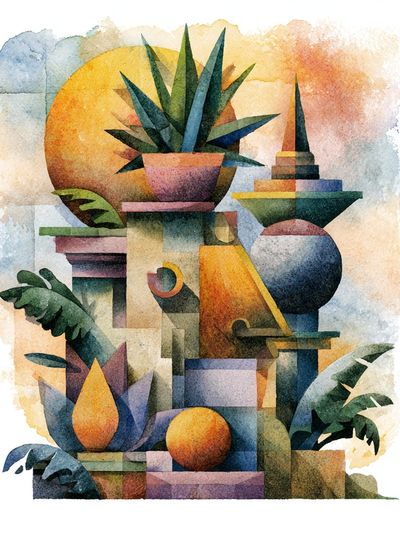 Tropical Geometric Watercolor Poster.